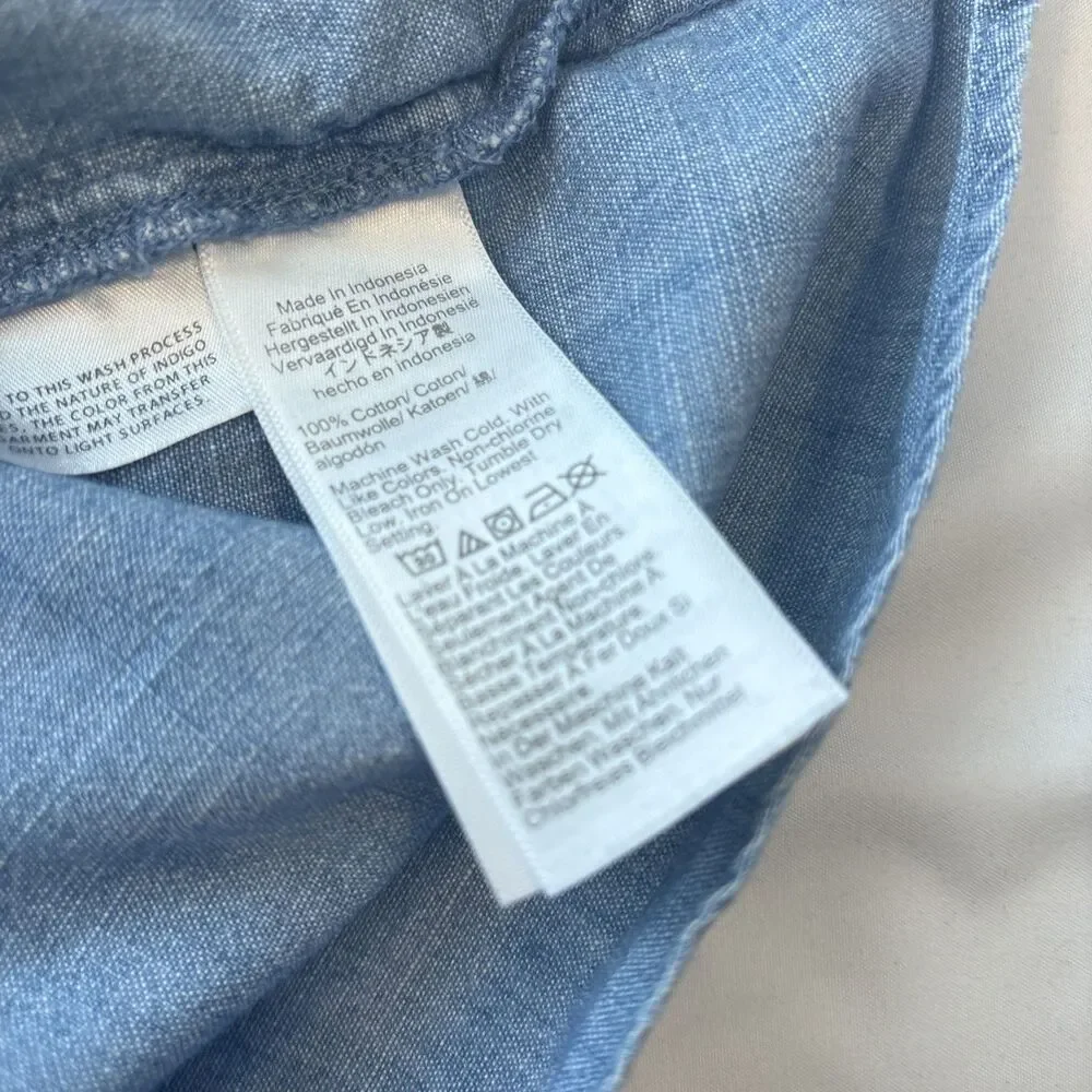J.Crew Blue Chambray Ruffle Cap Sleeve Button Front Blouse Top Womens L